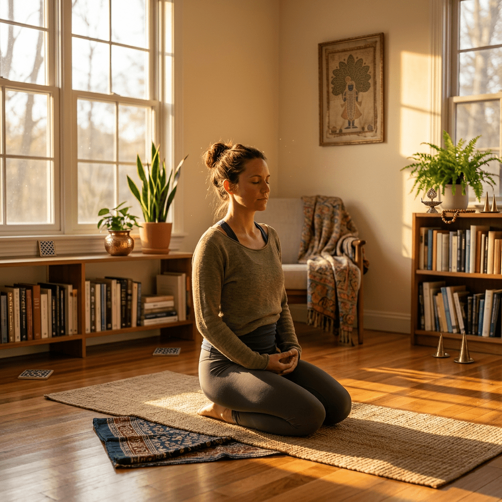 Woman kneeling on mat meditating outdoors at sunrise in a mountainous area